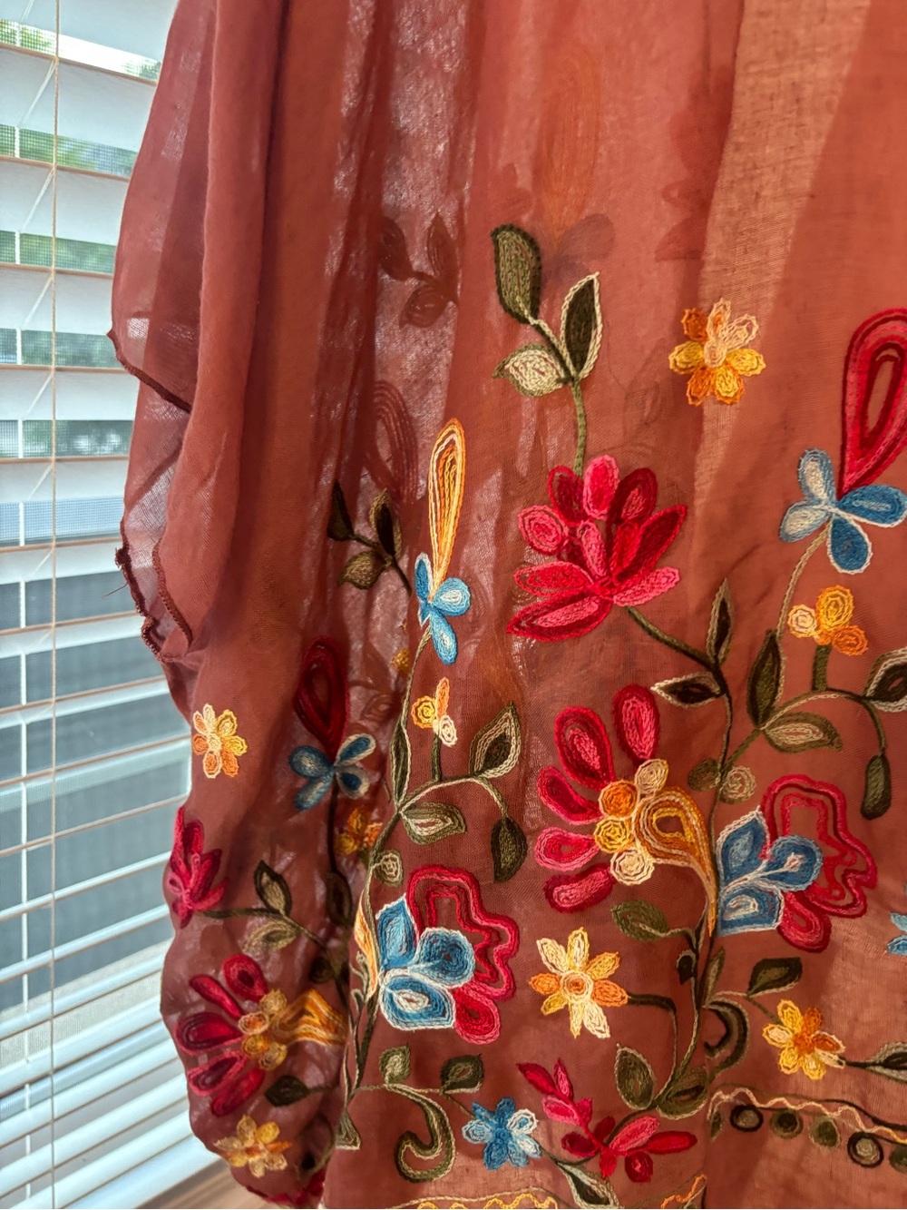 Embroidered Rust Sheer Floral Kimono Robe - Picture 6 of 6